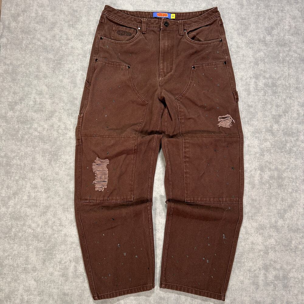 Empyre Hammer Dude Pants Mens 32 Brown Canvas Double Knee Paint Splatter